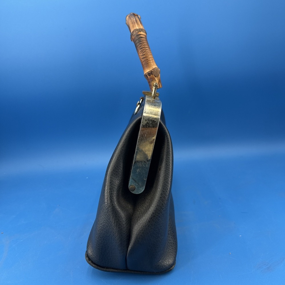 VTG 60s Black Pebbled Top Handle Handbag Bamboo Handle Frame Purse Classic - Picture 2 of 10